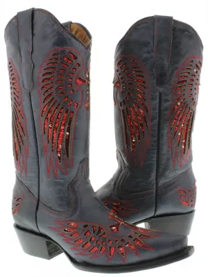 Womens Denim Blue Cowboy Boots Red Cross & Wings Sequins - Snip Toe