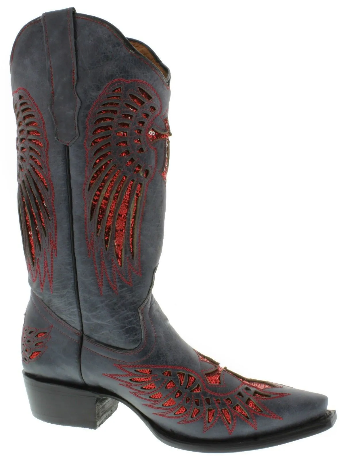 Womens Denim Blue Cowboy Boots Red Cross & Wings Sequins - Snip Toe