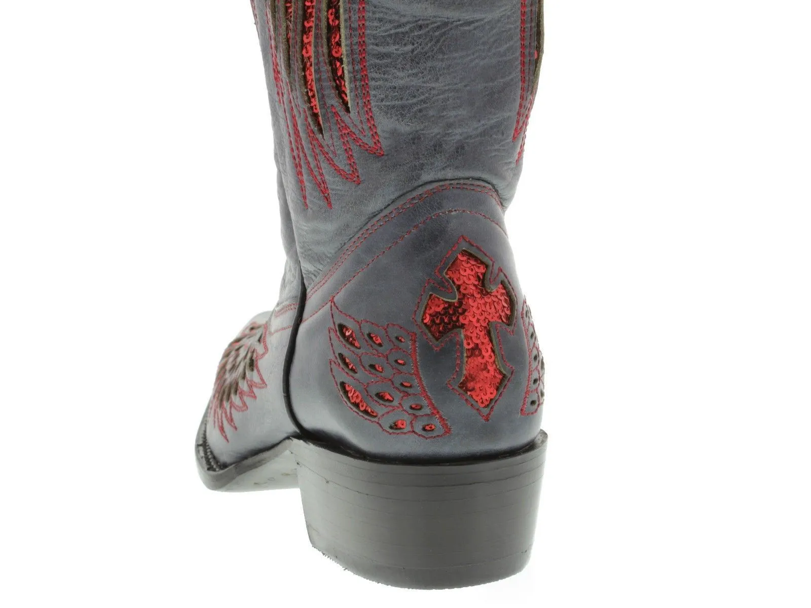 Womens Denim Blue Cowboy Boots Red Cross & Wings Sequins - Snip Toe