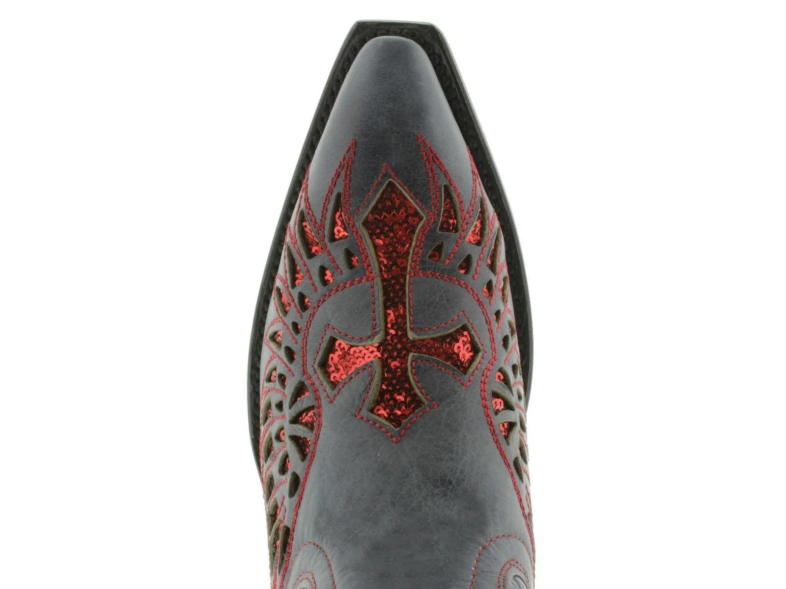 Womens Denim Blue Cowboy Boots Red Cross & Wings Sequins - Snip Toe