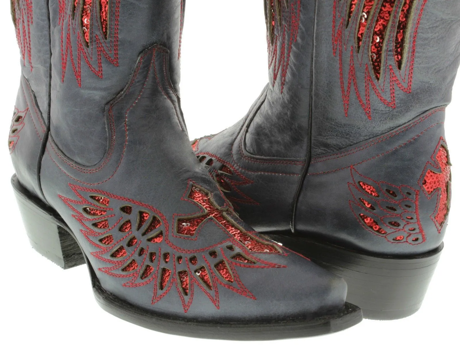 Womens Denim Blue Cowboy Boots Red Cross & Wings Sequins - Snip Toe