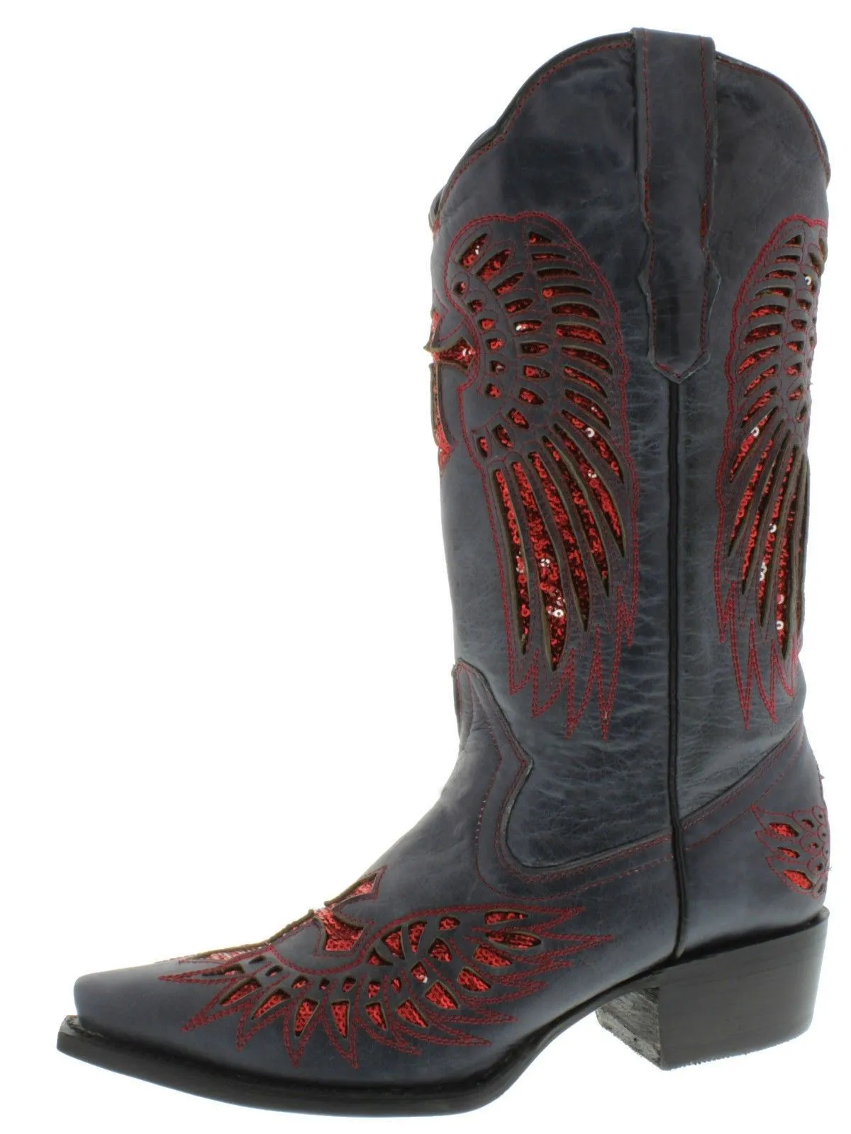 Womens Denim Blue Cowboy Boots Red Cross & Wings Sequins - Snip Toe