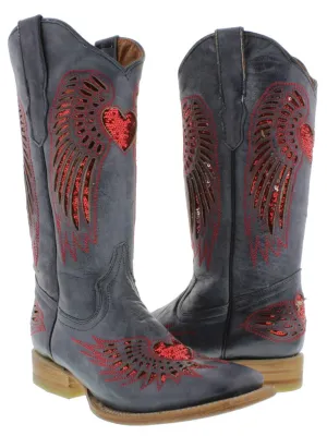 Womens Denim Blue Cowboy Boots Red Heart & Wings Sequins - Square Toe