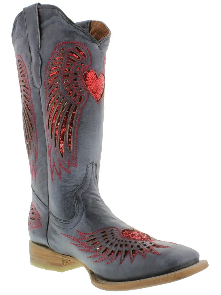 Womens Denim Blue Cowboy Boots Red Heart & Wings Sequins - Square Toe