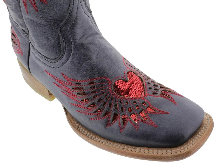 Womens Denim Blue Cowboy Boots Red Heart & Wings Sequins - Square Toe