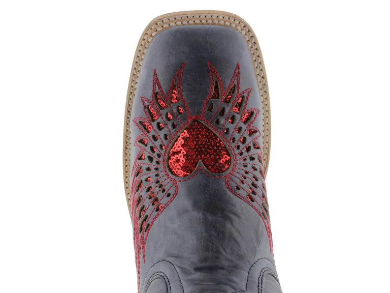 Womens Denim Blue Cowboy Boots Red Heart & Wings Sequins - Square Toe
