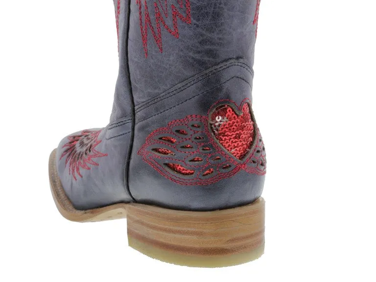 Womens Denim Blue Cowboy Boots Red Heart & Wings Sequins - Square Toe
