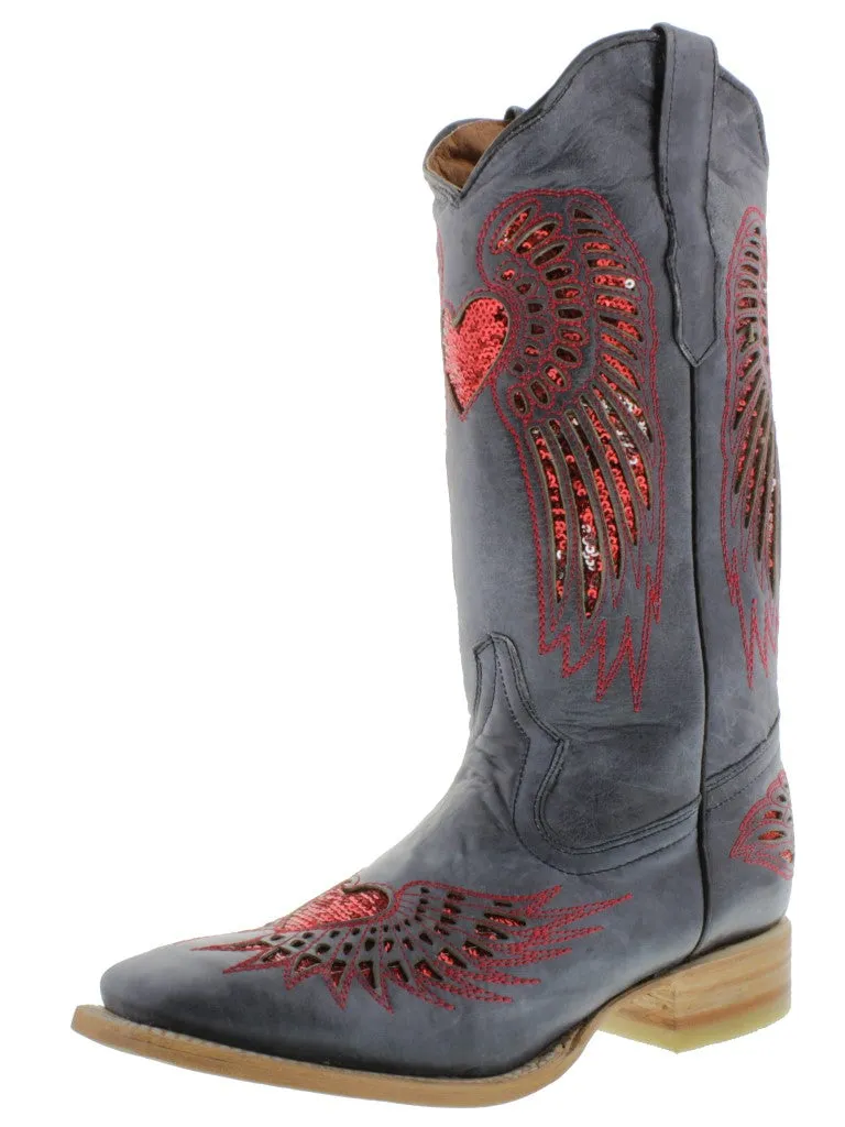 Womens Denim Blue Cowboy Boots Red Heart & Wings Sequins - Square Toe
