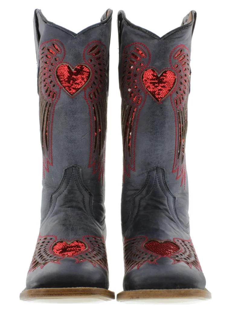 Womens Denim Blue Cowboy Boots Red Heart & Wings Sequins - Square Toe