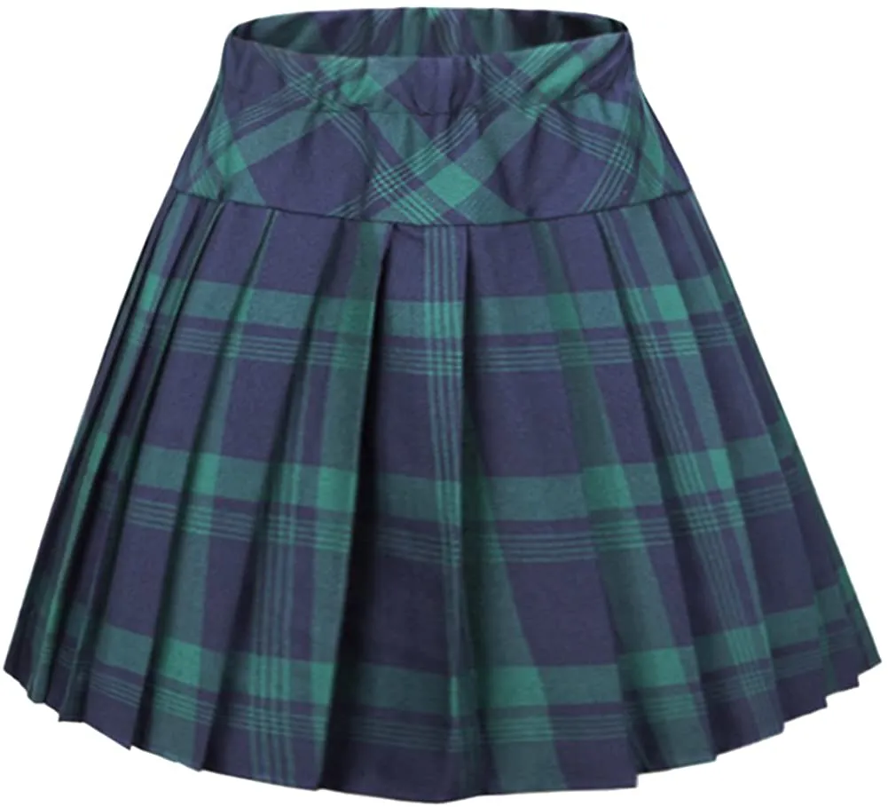 Women's Elastic Waist Plaid Pleated Skirt Tartan Skater School Uniform Mini Skirts