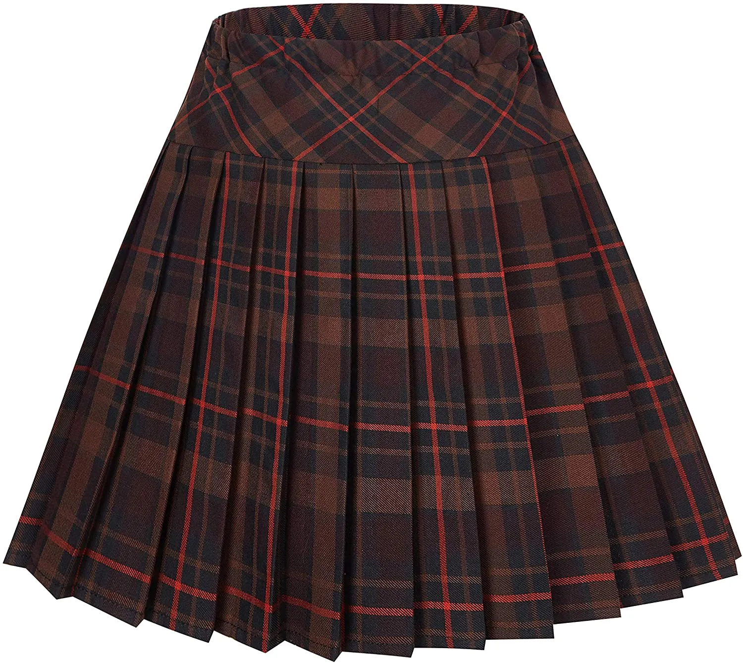 Women's Elastic Waist Plaid Pleated Skirt Tartan Skater School Uniform Mini Skirts