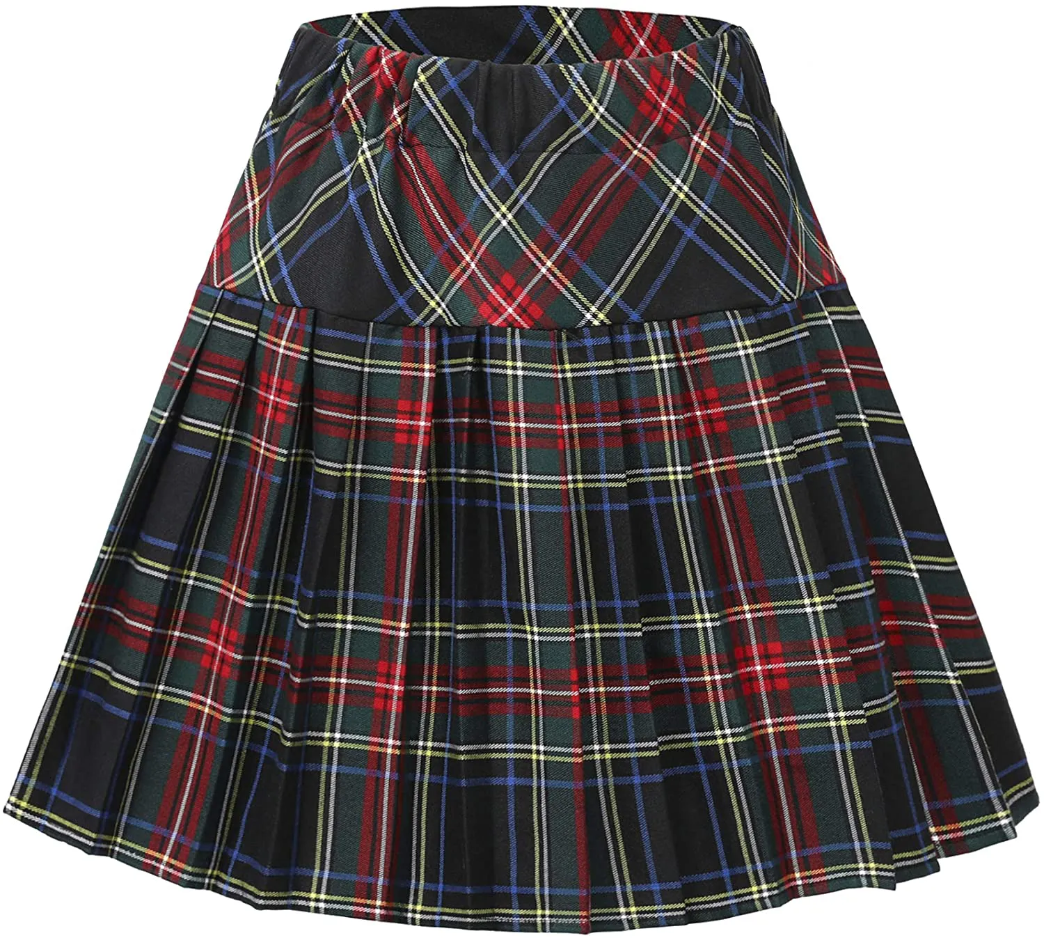 Women's Elastic Waist Plaid Pleated Skirt Tartan Skater School Uniform Mini Skirts