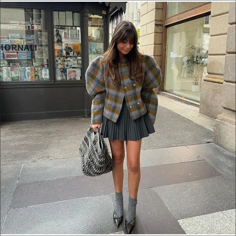 Women's Elegant Retro Wool Plaid Double Breasted Jacket
