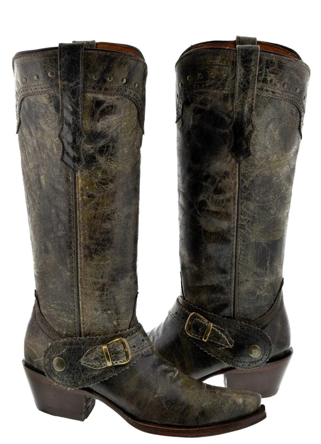 Womens Hayek Brown Leather Cowboy Boots Studded - Snip Toe