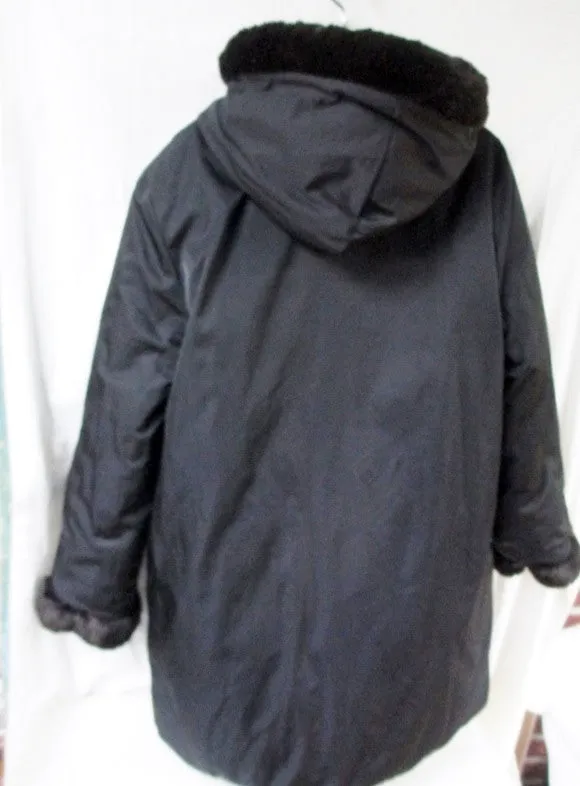 Womens I. MADISON Long DOWN JACKET Coat Puffer Faux FUR BLACK OLIVE L