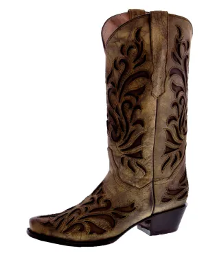 Womens Mystic Brown Leather Cowboy Boots - Square Toe