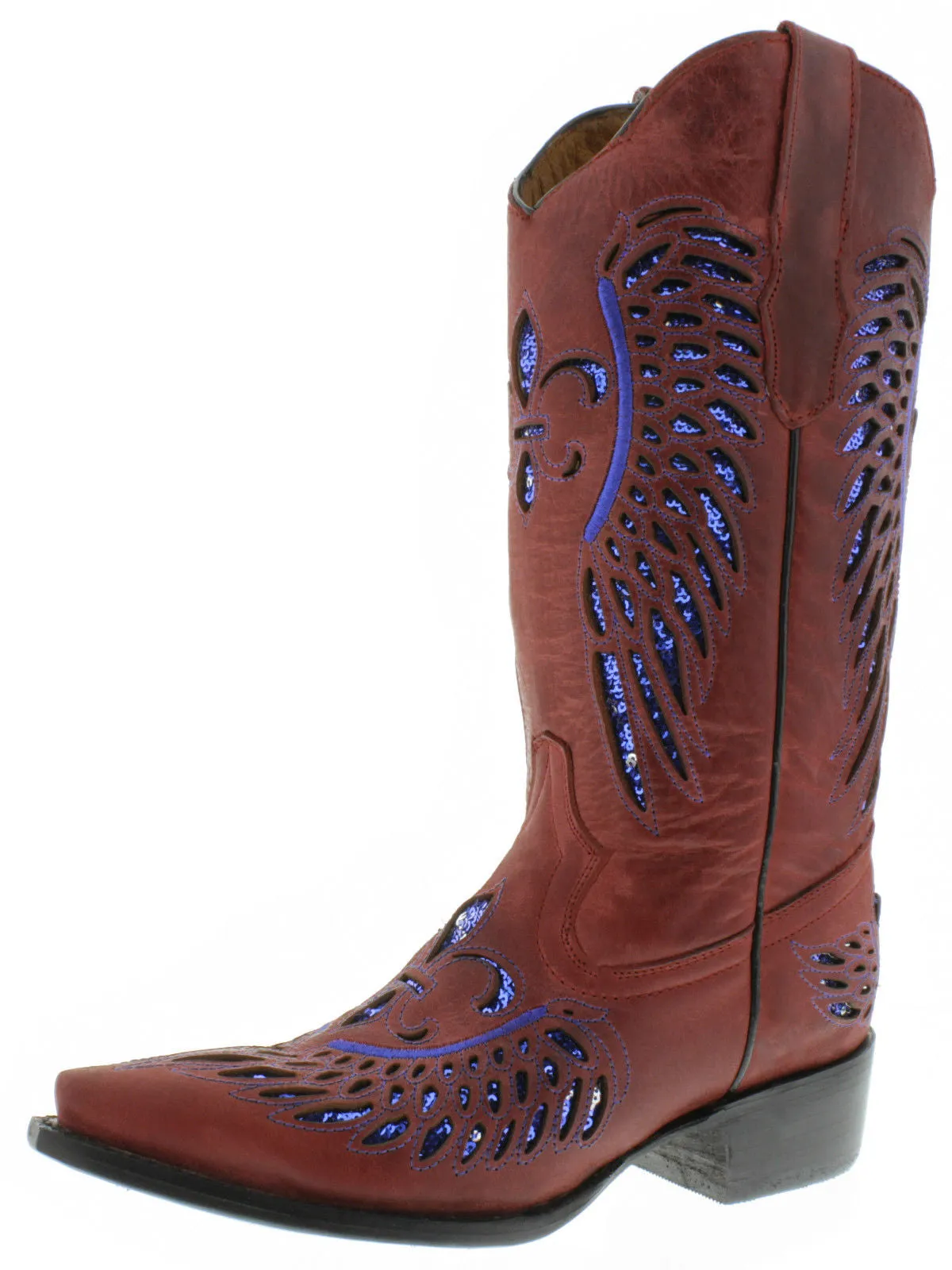 Womens Red Cowboy Boots Fleur-De-Lis & Wings Blue Sequins - Snip Toe