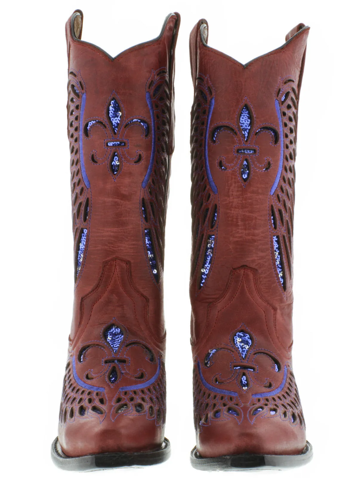 Womens Red Cowboy Boots Fleur-De-Lis & Wings Blue Sequins - Snip Toe