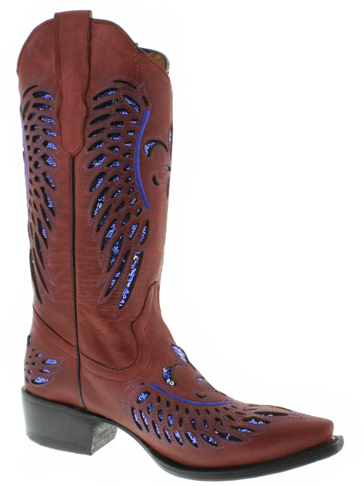 Womens Red Cowboy Boots Fleur-De-Lis & Wings Blue Sequins - Snip Toe