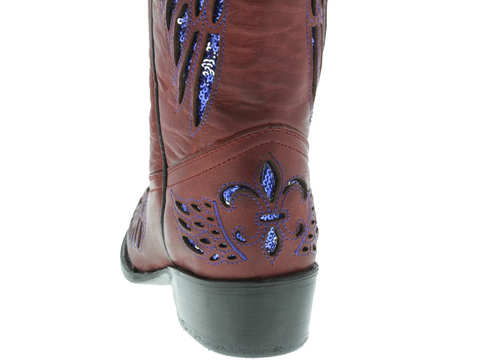 Womens Red Cowboy Boots Fleur-De-Lis & Wings Blue Sequins - Snip Toe