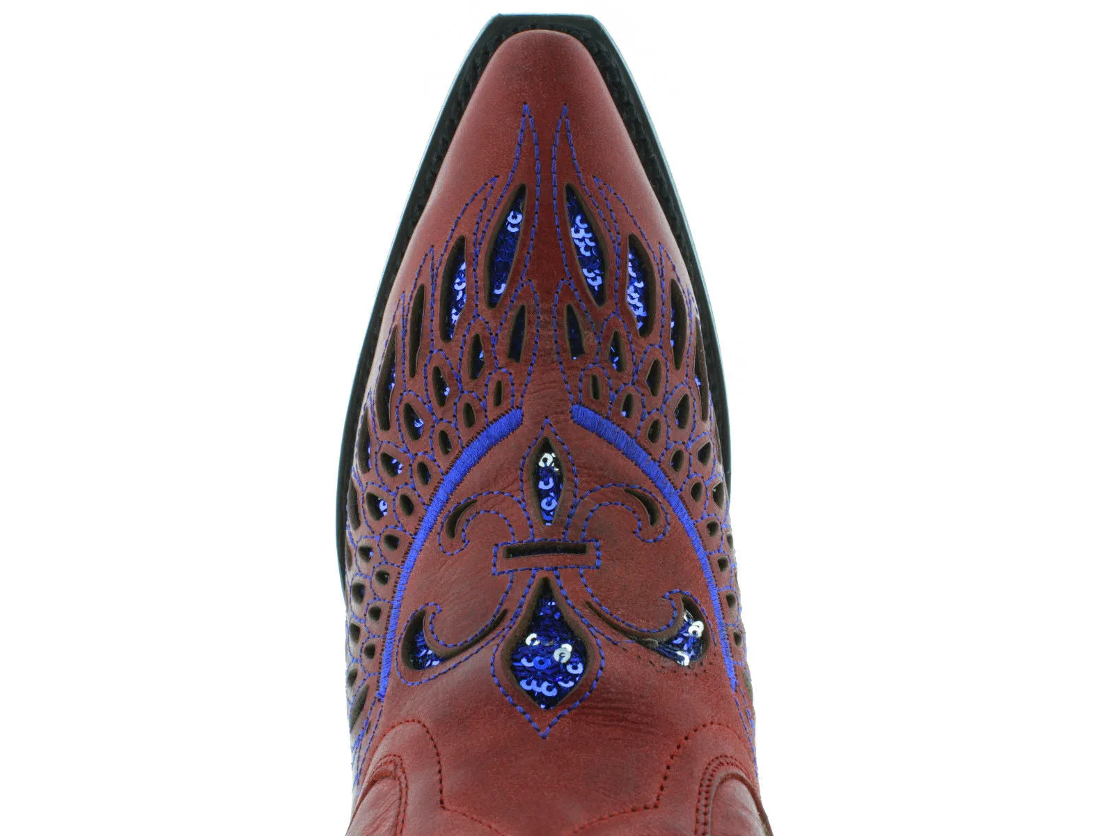 Womens Red Cowboy Boots Fleur-De-Lis & Wings Blue Sequins - Snip Toe