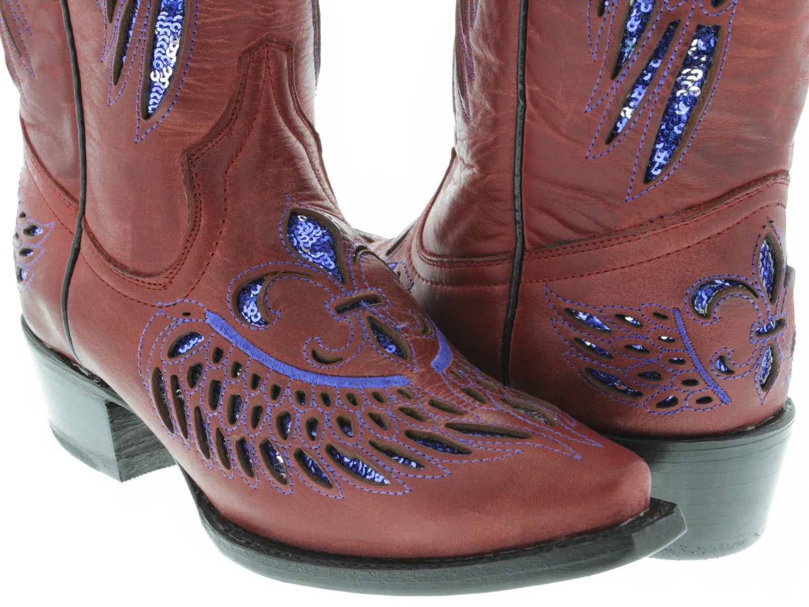 Womens Red Cowboy Boots Fleur-De-Lis & Wings Blue Sequins - Snip Toe