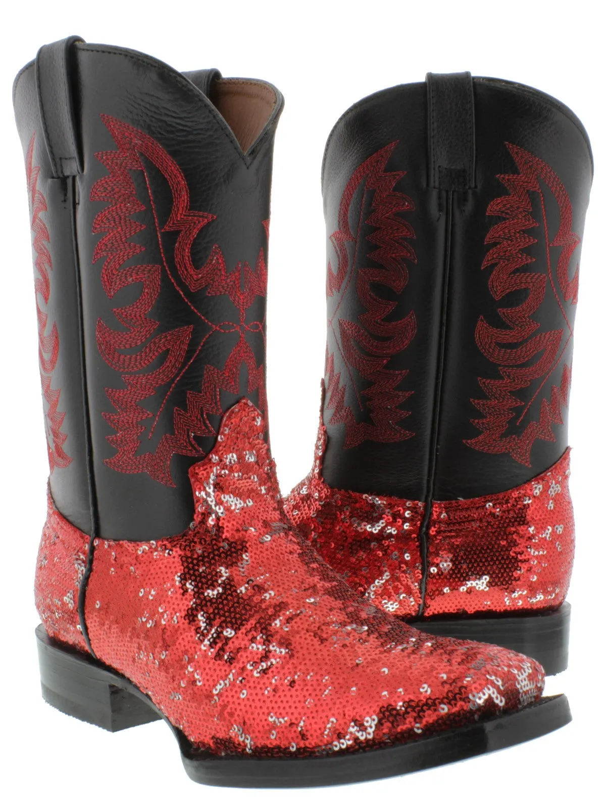 Women's Red Sequins Western Rodeo Cowboy Boots Square Toe
