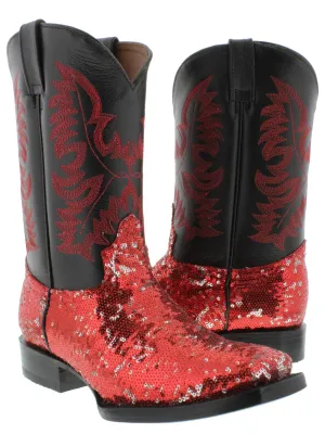 Women's Red Sequins Western Rodeo Cowboy Boots Square Toe