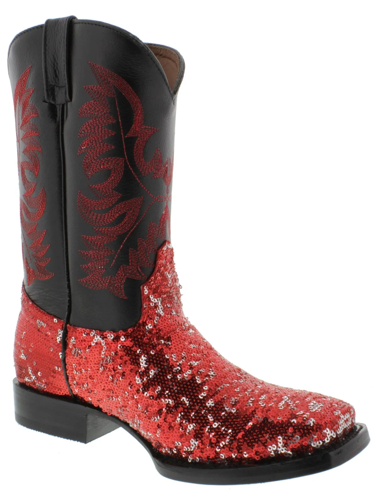 Women's Red Sequins Western Rodeo Cowboy Boots Square Toe