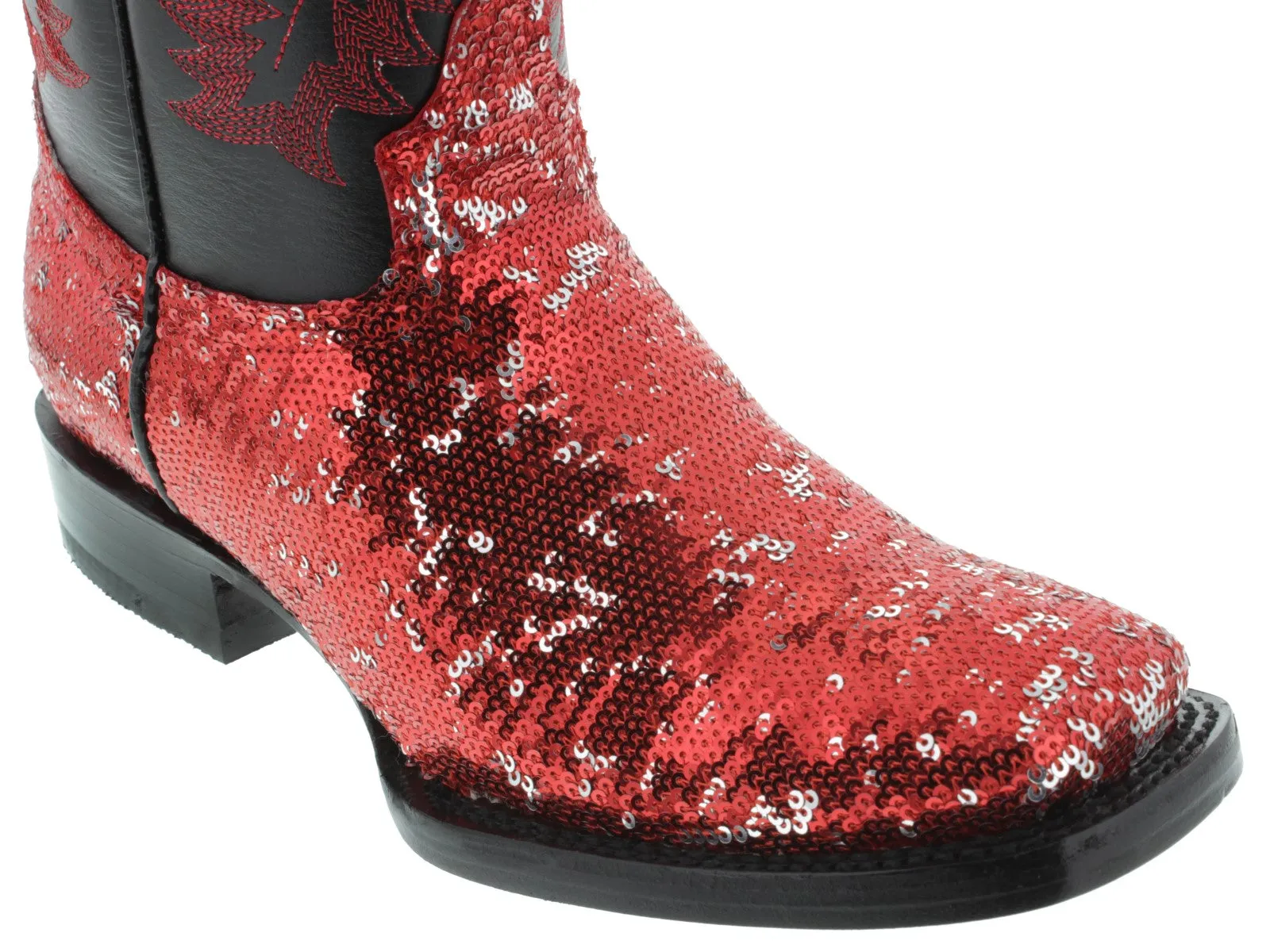 Women's Red Sequins Western Rodeo Cowboy Boots Square Toe